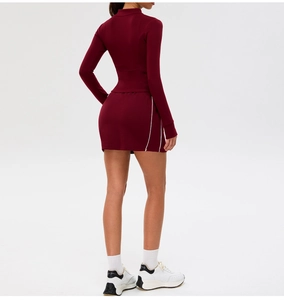 Slim fit burgundy long sleeve sports jacket and mini skirt set shown from a rear view angle