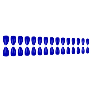 Glossy solid deep blue press-on nails in almond shape, 24 pieces set on white background