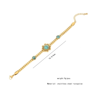 Detail of gold turquoise flower bracelet with 16.5+4cm length and 9g weight specs