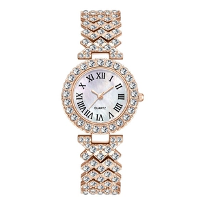 Rose gold Roman numeral women's watch with crystal-encrusted bezel and geometric band