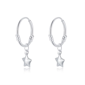 Detail of S999 silver hoop earrings with a delicate polished star pendant on white background
