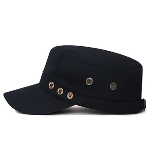 Classic black cotton military flat top hat with side metal buttons and breathable eyelets