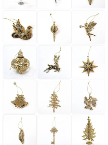 Grid view of golden Christmas ornaments including reindeer, stars, and bells with dimensions