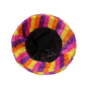 Close-up of the rainbow striped faux fur bucket hat lining and black adjustable drawstrings