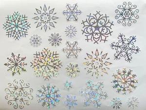Detailed holographic snowflake stickers with laser foil effect for window glass decoration