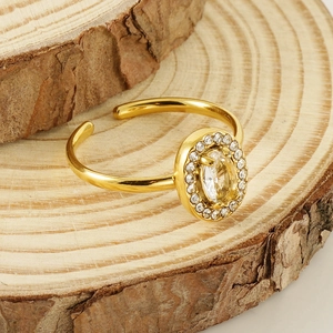 Double-layer 18K gold-plated stainless steel open ring with oval diamond centerpiece