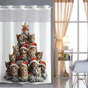 Close-up of metal grommets on a polyester Christmas curtain with cute cat tree print