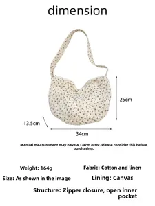Floral canvas bag detail with dimensions 34x25x13.5cm and cotton linen fabric features