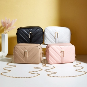 Women Crossbody Bag PU Leather V-Quilted Gold Chain Strap Shoulder Bag Elegant Fashion Minimalist Small Square Purse