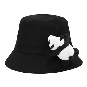 Kids black cotton bucket hat with a cute 3D plush panda doll and windproof rope