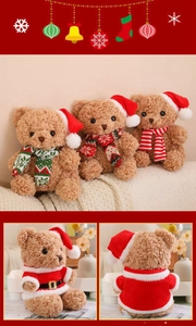 Christmas teddy bears in festive scarves and outfits for holiday decoration and gifts