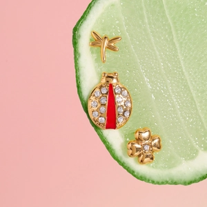 Three-piece insect earrings set with gold dragonfly and red ladybug on lime slice