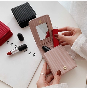 Mini PU leather lipstick case with mirror showing three colors and magnetic closure