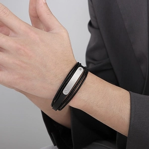 Men's multilayer black leather braided bracelet with brushed stainless steel metal plate