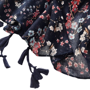 Navy floral scarf with cherry blossom print and matching blue fringe detail