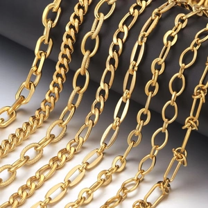 Selection of golden stainless steel Cuban, Figaro and paperclip chains for DIY jewelry