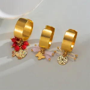 Vintage Palace Style Stainless Steel Open Ring For Women Enamel Goldfish Butterfly Pendant Gold Plated Colorful Bead Ring Jewelry