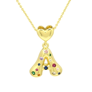 Macro detail of gold letter A balloon pendant with multicolored zircon micro-inlay
