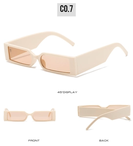 Three views of retro rectangle sunglasses with beige frames and orange tinted lenses