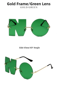 Front and 45-degree side views of gold metal shamrock sunglasses with green lenses