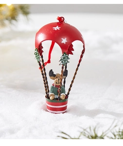 Detailed view of a red and green Christmas reindeer hot air balloon hanging ornament