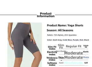 Detail showing high-waisted gray yoga shorts fabric specs and slimming fit characteristics