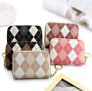 Argyle Pattern PU Leather Card Holder Accordion Style Zipper Wallet With Keychain Ring For Women Urban Simple Style