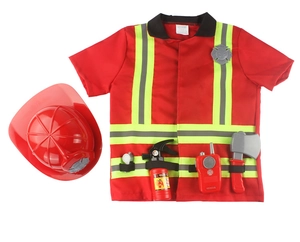 Flat lay of kids firefighter role play set with vest, helmet, and toy fire accessories