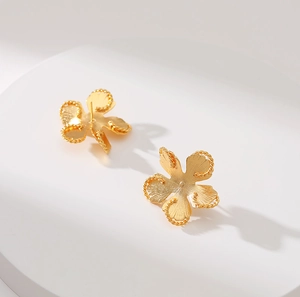 Retro 18K gold-plated brass flower stud earrings with a heavy metal textured finish