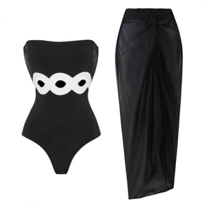 Elegant black and white contrast one-piece swimsuit with matching sheer sarong skirt set