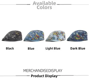 Detailed view of peony floral washed denim beret hats in black and various blue shades
