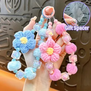 Ciondolo per Telefono con Fiori all'Uncinetto Fatto a Mano con Perline Acriliche Kawaii Portachiavi con Pompon in Peluche per Borsa Donna Accessorio