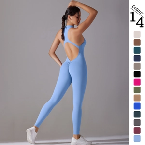 Women Yoga Jumpsuit Backless Halter Neck Front Zipper Sports Unitard Nylon Spandex Scrunch Butt Fitness Bodysuit Gym