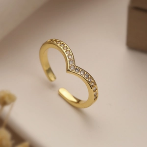 Minimalist gold adjustable butterfly V-shape ring with sparkling zircon stones