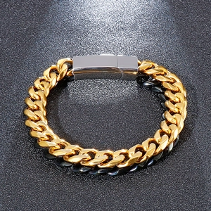 Hip hop two-tone Cuban link bracelet in 18K gold and silver stainless steel