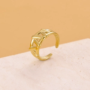 Detailed close-up of a gold geometric crisscross ring on a natural textured stone surface