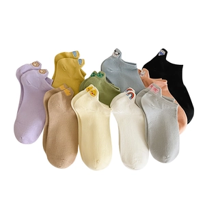 Women's cotton ankle socks with cute cartoon embroidery in various pastel colors