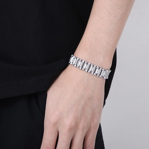 Iced out silver stainless steel watch link bracelet with pavé diamonds for men