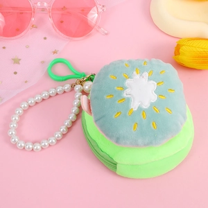 Detail of green kiwi plush coin purse with pearl chain handle and zipper closure