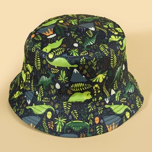 Double-sided sun hat with cartoon dinosaur forest print in dark green cotton twill