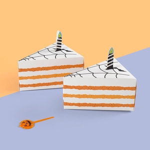 Halloween triangular cake-shaped paper candy box with spider web patterns and pumpkin decor