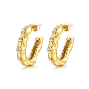 French vintage U-shaped gold earrings with hammered texture and sparkling crystals