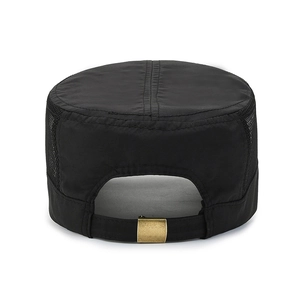 Men's black quick-dry flat top cadet cap with breathable mesh side panels and metal buckle