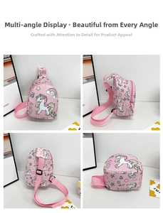 Detail view of pink kids chest bag with cartoon unicorn print and adjustable strap