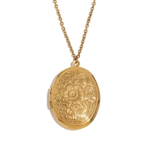 Oval 18K gold plated stainless steel locket necklace with floral relief and fine chain