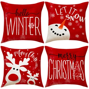 Christmas Cushion Covers Red Linen Snowman Reindeer Print Festive Holiday Home Sofa Decor Winter Theme Pillowcases