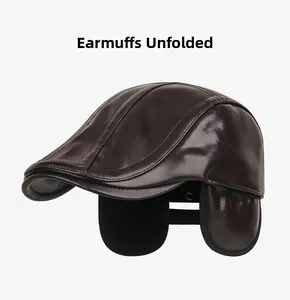 Detail of dark brown PU leather flat cap showing the unfolded ear protection flap