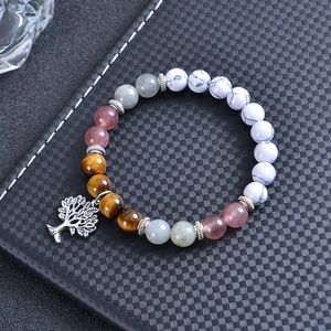 8mm white turquoise and tiger eye bead bracelet with silver Tree of Life pendant charm