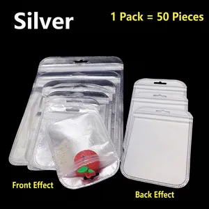 Silver self-sealing packaging bags with clear front and round hanging holes, 50 pieces
