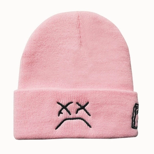 Unisex Winter Warm Knit Beanie Crying Face Embroidery Pull On Cuff Hat Casual Outdoor Solid Color Woolen Cap